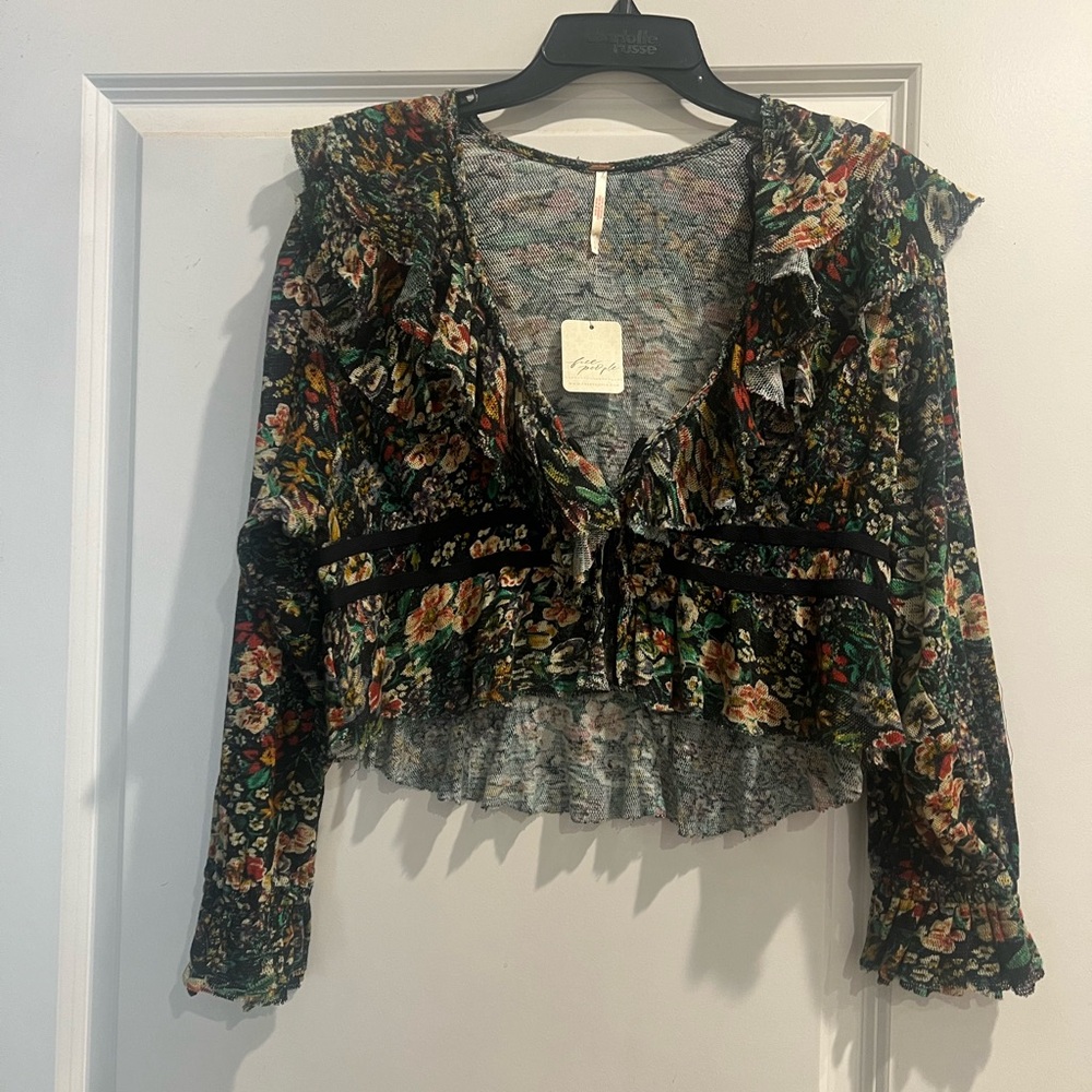 NWT Free People Rudi Ruffle In Night Garden Floral Long Sleeve Top Size Large